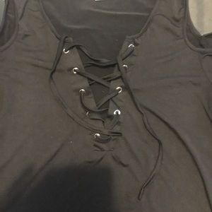 Medium Black open shoulder silk lace up top